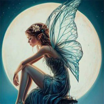 Close-up of 'Moonlight Fairy' decoupage paper by Paper Designs Italy, featuring an elegant fairy with shimmering wings, pointed ears, and a flower crown, sitting pensively in front of a glowing full moon.