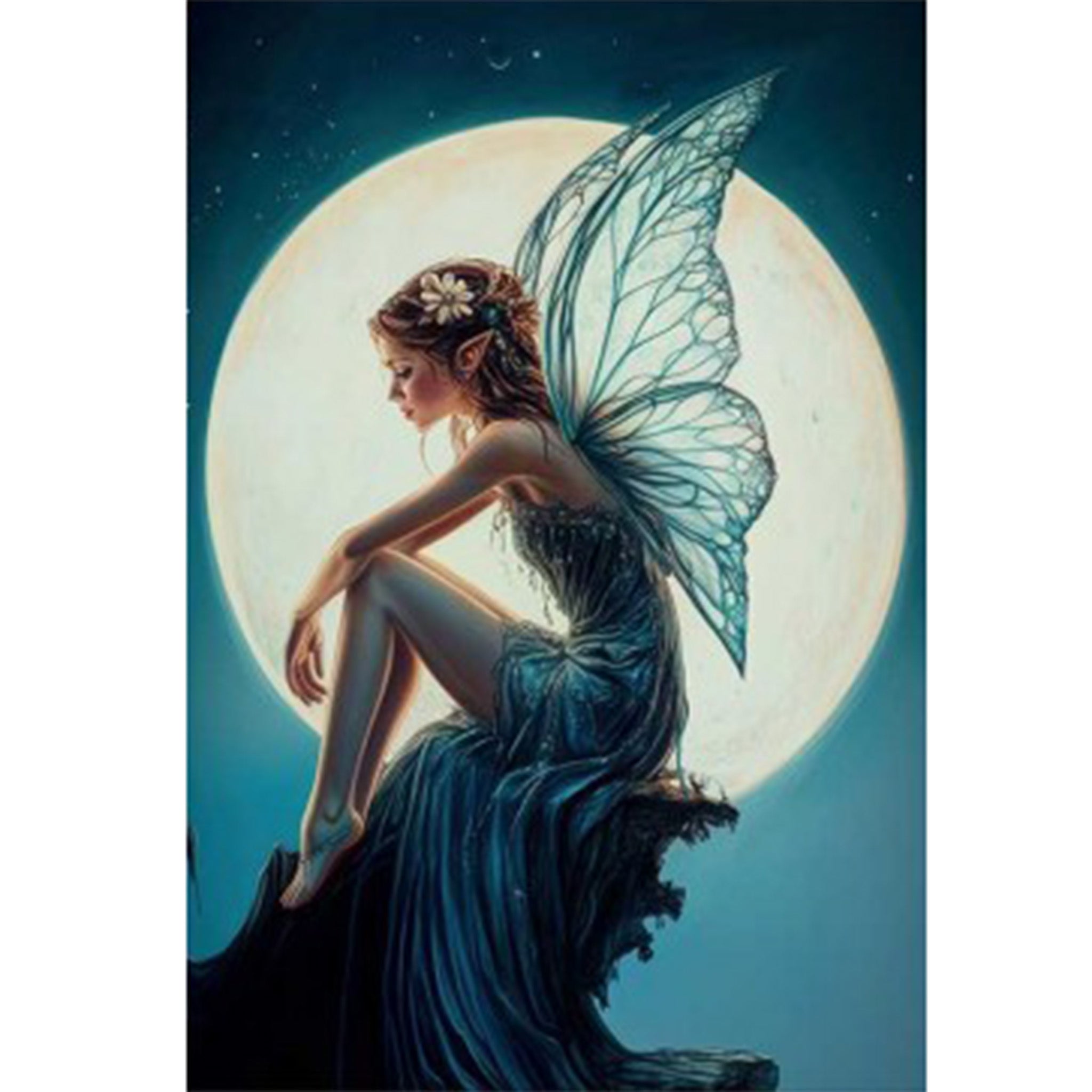 Full sheet of 'Moonlight Fairy' decoupage paper from Paper Designs Italy, showing a dreamy fairy in a flowing blue gown seated on a cliff's edge, illuminated by moonlight with a starry night sky in the background.