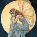 Close-up of 'Moonlit Faerie Blessing' decoupage paper by Paper Designs Italy, featuring a delicate fairy with butterfly wings and a flower crown, sitting in a thoughtful pose against a glowing full moon backdrop.