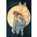 Full sheet of 'Moonlit Faerie Blessing' decoupage paper from Paper Designs Italy, depicting a graceful fairy in a flowing gown, seated before a glowing full moon. Her translucent wings and flower crown enhance the ethereal, nighttime atmosphere.