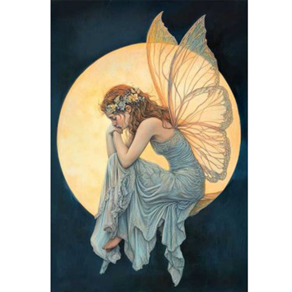 Full sheet of 'Moonlit Faerie Blessing' decoupage paper from Paper Designs Italy, depicting a graceful fairy in a flowing gown, seated before a glowing full moon. Her translucent wings and flower crown enhance the ethereal, nighttime atmosphere.