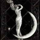 Close-up of a rice paper featuring a striking white statuesque figure standing gracefully on a crescent moon against a black backdrop.