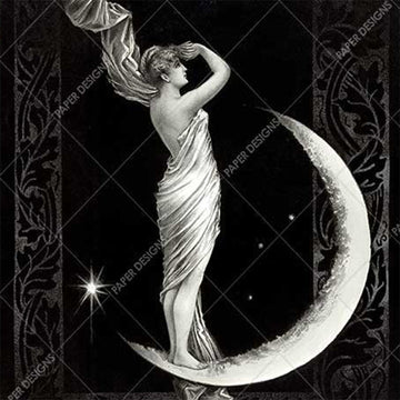 Close-up of a rice paper featuring a striking white statuesque figure standing gracefully on a crescent moon against a black backdrop.