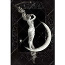 Rice paper featuring a striking white statuesque figure standing gracefully on a crescent moon against a black backdrop.