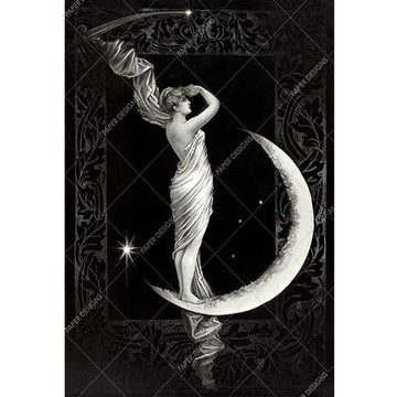 Rice paper featuring a striking white statuesque figure standing gracefully on a crescent moon against a black backdrop.
