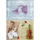 Rice paper featuring 2 designs of sheet music, a vintage victrola, a violin, and a woman playing a harp.