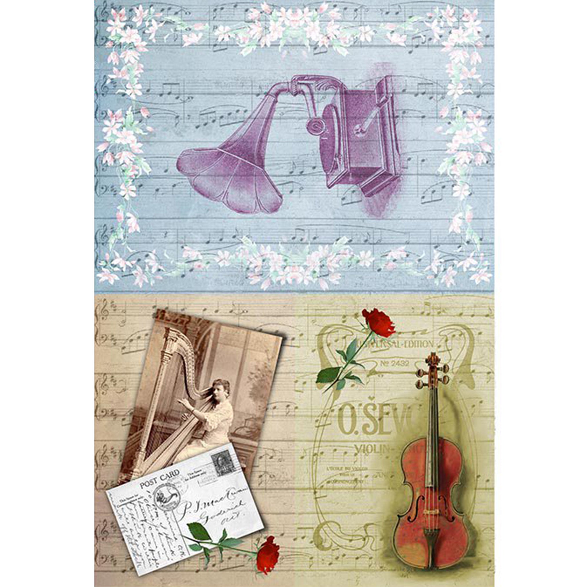 Rice paper featuring 2 designs of sheet music, a vintage victrola, a violin, and a woman playing a harp.