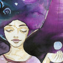 Close-up of a rice paper featuring a strong woman with vibrant purple hair, holding the moon in her hand against a striking purple sky. 