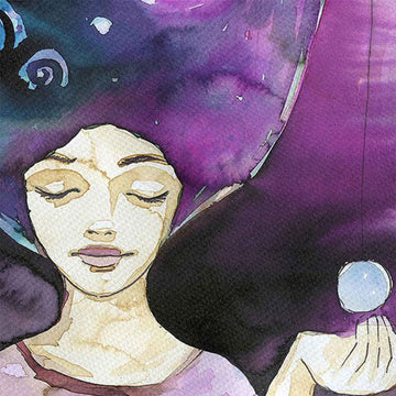 Close-up of a rice paper featuring a strong woman with vibrant purple hair, holding the moon in her hand against a striking purple sky. 