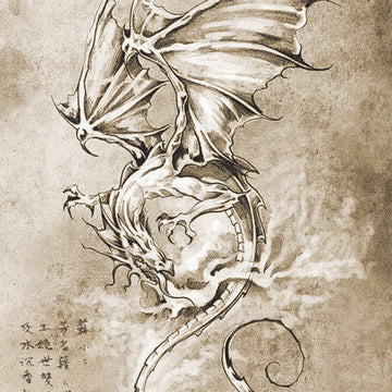 Close-up of a rice paper featuring a whimsical sepia-toned dragon curling in flight and breathing fire with Japanese symbols in the bottom left corner.