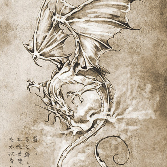 Close-up of a rice paper featuring a whimsical sepia-toned dragon curling in flight and breathing fire with Japanese symbols in the bottom left corner.