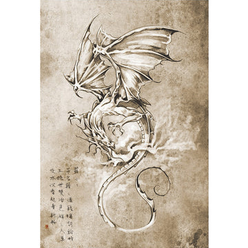 Rice paper featuring a whimsical sepia-toned dragon curling in flight and breathing fire with Japanese symbols in the bottom left corner.