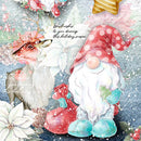 Close-up of a rice paper featuring a cheerful gnome in a red polka-dot hat and blue boots beside a reindeer in a snowy, Christmas-decorated scene with a smaller gnome sitting in a wicker wreath.