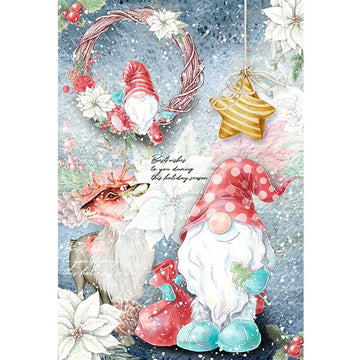 Rice paper featuring a cheerful gnome in a red polka-dot hat and blue boots beside a reindeer in a snowy, Christmas-decorated scene with a smaller gnome sitting in a wicker wreath.