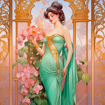 Close-up of a rice paper featuring a dark-haired woman in a teal green dress standing beneath a golden archway adorned with pink flowers.