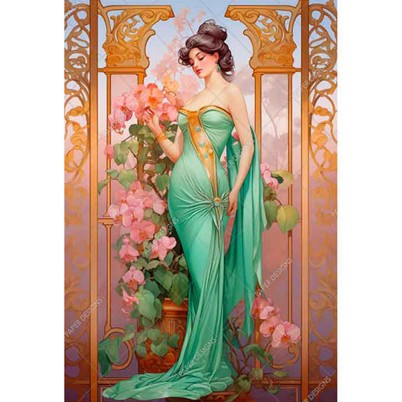 Rice paper featuring a dark-haired woman in a teal green dress standing beneath a golden archway adorned with pink flowers.