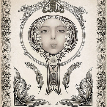 Close-up of a rice paper featuring a monotone art nouveau design of a woman’s face framed by elegant flourishes.