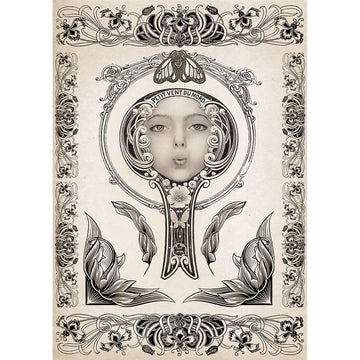 Rice paper featuring a monotone art nouveau design of a woman’s face framed by elegant flourishes.