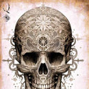 Close-up of 'Oracle Queen' decoupage paper by Paper Designs Italy, featuring an intricately detailed skull with symmetrical filigree patterns, celestial and compass-inspired elements, and a crown motif. Faint blush pink tones and aged edges create a mystical vintage look.