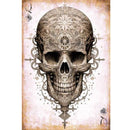 Full sheet of 'Oracle Queen' decoupage paper from Paper Designs Italy, showcasing a highly ornate skull design with compass-style geometry and baroque detailing. Set against a faded pink and beige parchment background with 'Q' and spade symbols in the corners.