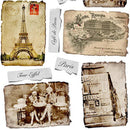 Closeup of a rice paper featuring a delightful mishmash of vintage Parisian treasures – from charming Eiffel Tower snapshots to elegant sketches and authentic-looking French documents. 