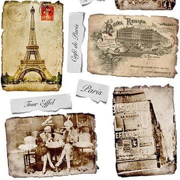 Closeup of a rice paper featuring a delightful mishmash of vintage Parisian treasures – from charming Eiffel Tower snapshots to elegant sketches and authentic-looking French documents. 