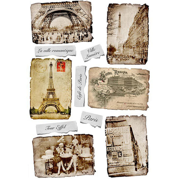 Rice paper featuring a delightful mishmash of vintage Parisian treasures – from charming Eiffel Tower snapshots to elegant sketches and authentic-looking French documents. 