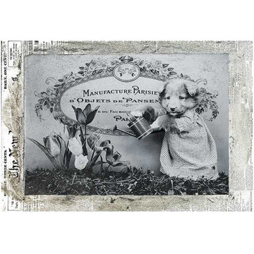 Rice paper featuring a vintage newspaper with a French photo of an adorably puppy in a gown, watering can in paw, tending to flowers.