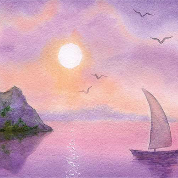 Close-up of a rice paper featuring a serene painting of a sailboat gliding through a purple sea at sunset.