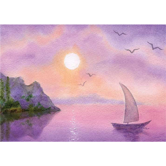 Rice paper featuring a serene painting of a sailboat gliding through a purple sea at sunset.