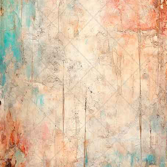 Close-up of a rice paper featuring a creamy background swirled with peachy warmth and teal blue splashes.