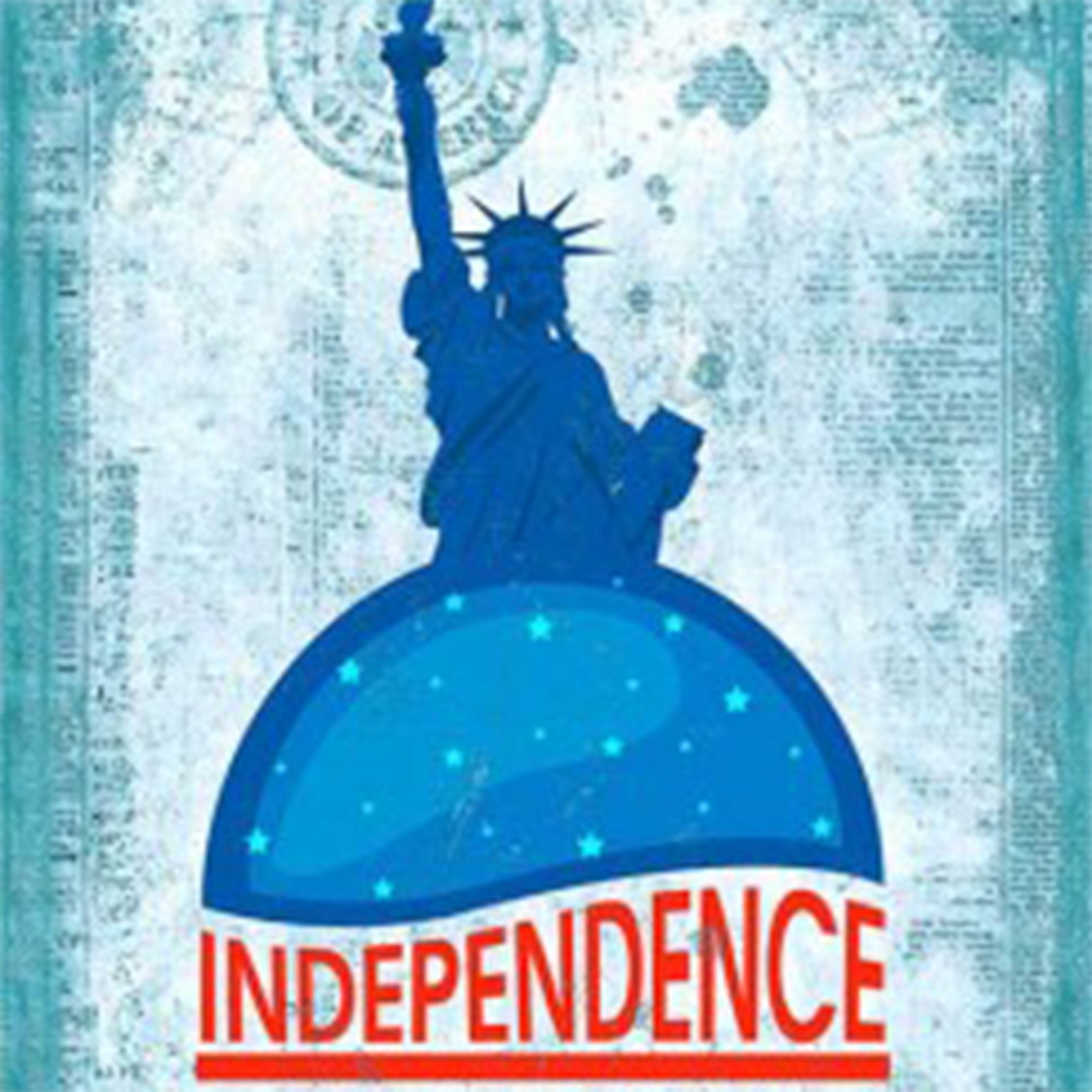 Close-up of a rice paper featuring the iconic Statue of Liberty in blue tones over the words Independence Since 1776 United States of America all against a blue toned vintage document.