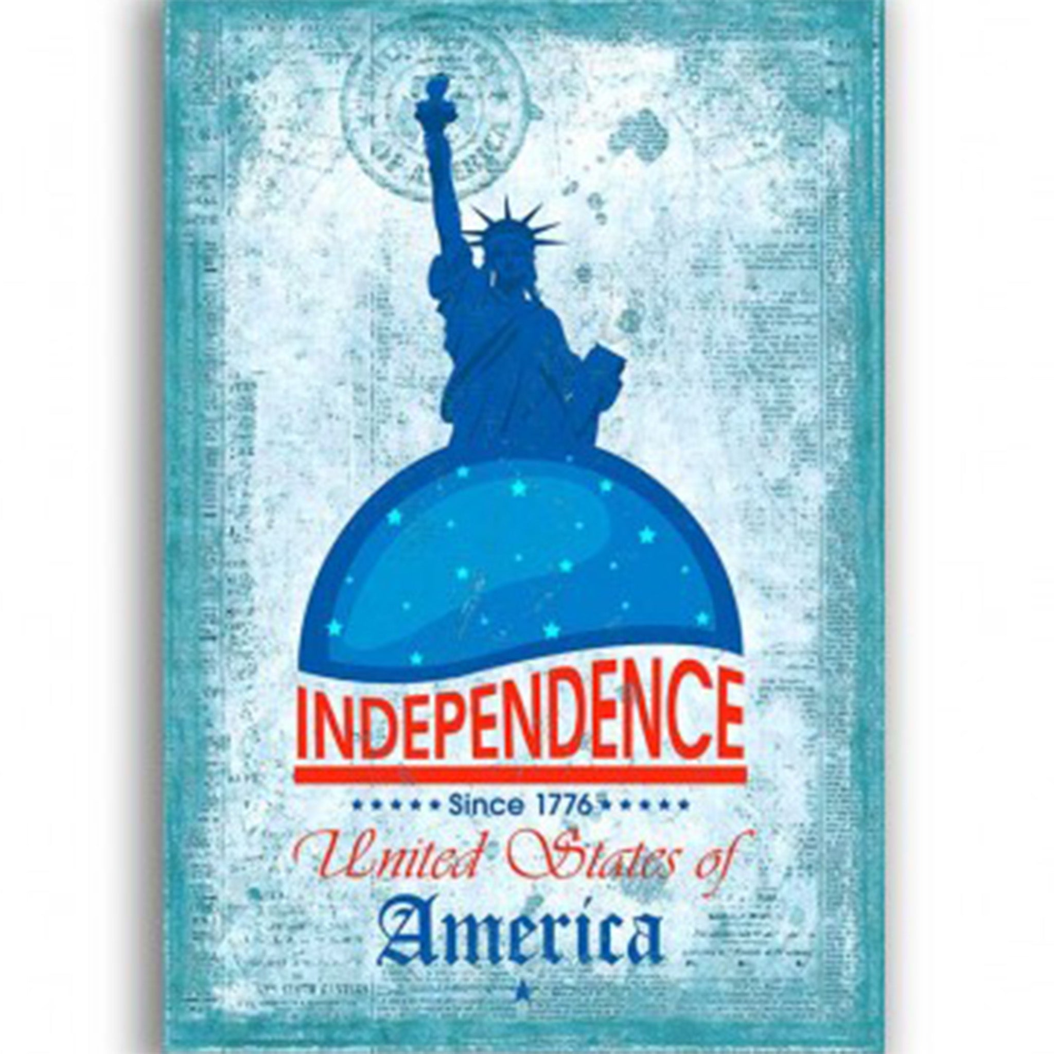 Rice paper featuring the iconic Statue of Liberty in blue tones over the words Independence Since 1776 United States of America all against a blue toned vintage document.