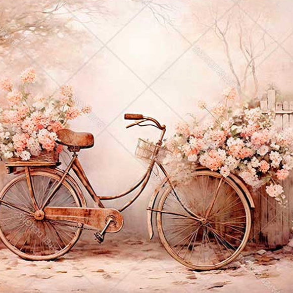 Close-up of a rice paper featuring a pink sepia image of a vintage bicycle with overflowing flower baskets resting against a wood fence.