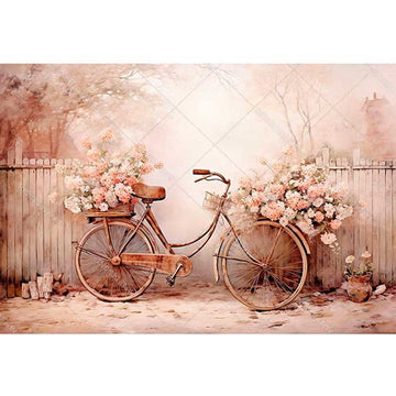 Rice paper featuring a pink sepia image of a vintage bicycle with overflowing flower baskets resting against a wood fence.