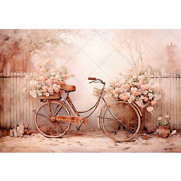 Rice paper featuring a pink sepia image of a vintage bicycle with overflowing flower baskets resting against a wood fence.