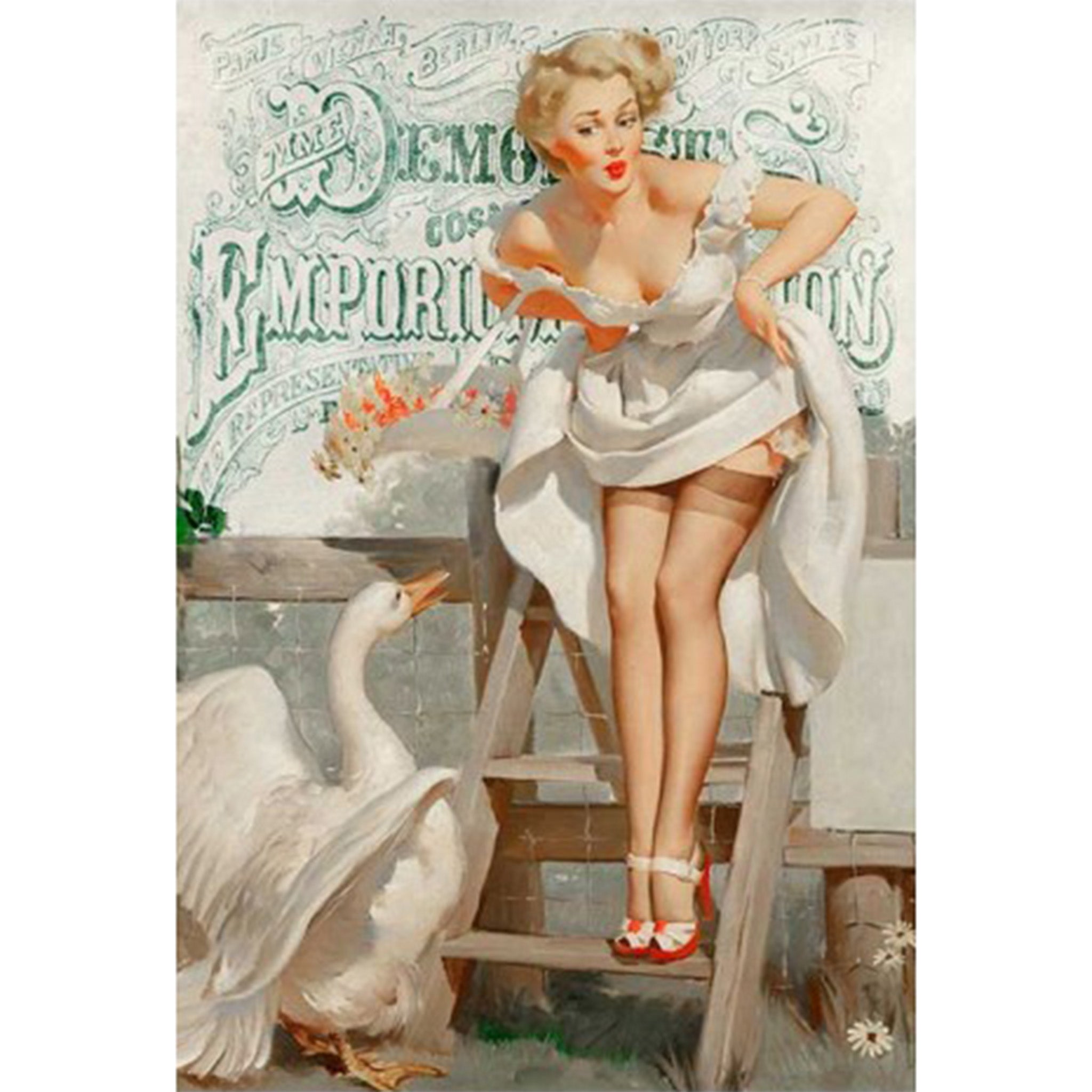 Rice paper featuring a woman in a white dress posing in front of a retro Emporium sign, with a mischievous goose waiting at the bottom of a charming small wooden staircase. White borders are on the sides.