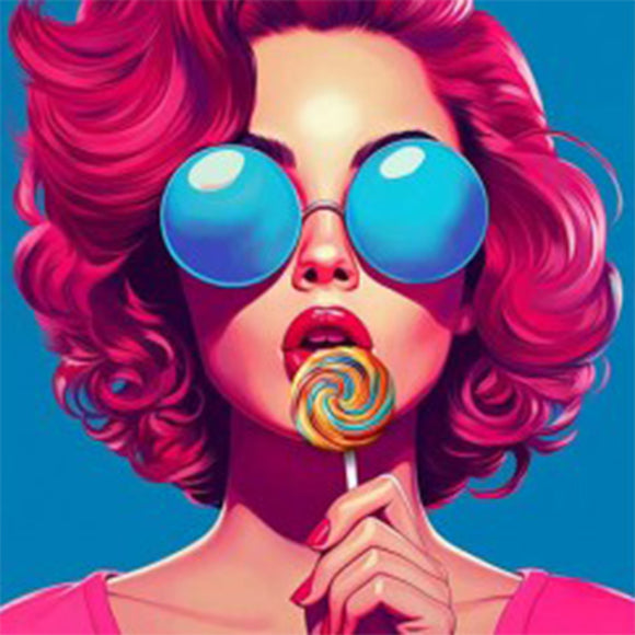 Close-up of a rice paper featuring a woman with bright pink hair and a lollipop against a blue backdrop.