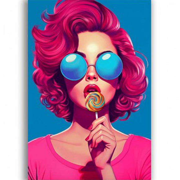 Rice paper featuring a woman with bright pink hair and a lollipop against a blue backdrop.