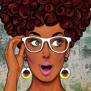 Close-up of a rice paper featuring a pop art woman with dark curly hair and stylish white eyeglasses against a grunge background.