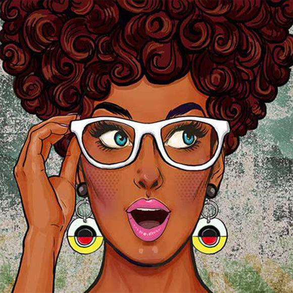 Close-up of a rice paper featuring a pop art woman with dark curly hair and stylish white eyeglasses against a grunge background.