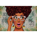 Rice paper featuring a pop art woman with dark curly hair and stylish white eyeglasses against a grunge background.