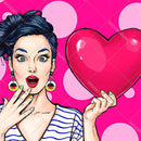 Close-up of a rice paper featuring a playful woman holding a large pink heart in a striped shirt and a polka dot pink background. 