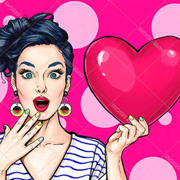 Close-up of a rice paper featuring a playful woman holding a large pink heart in a striped shirt and a polka dot pink background. 