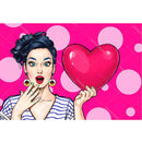 Rice paper featuring a playful woman holding a large pink heart in a striped shirt and a polka dot pink background. 