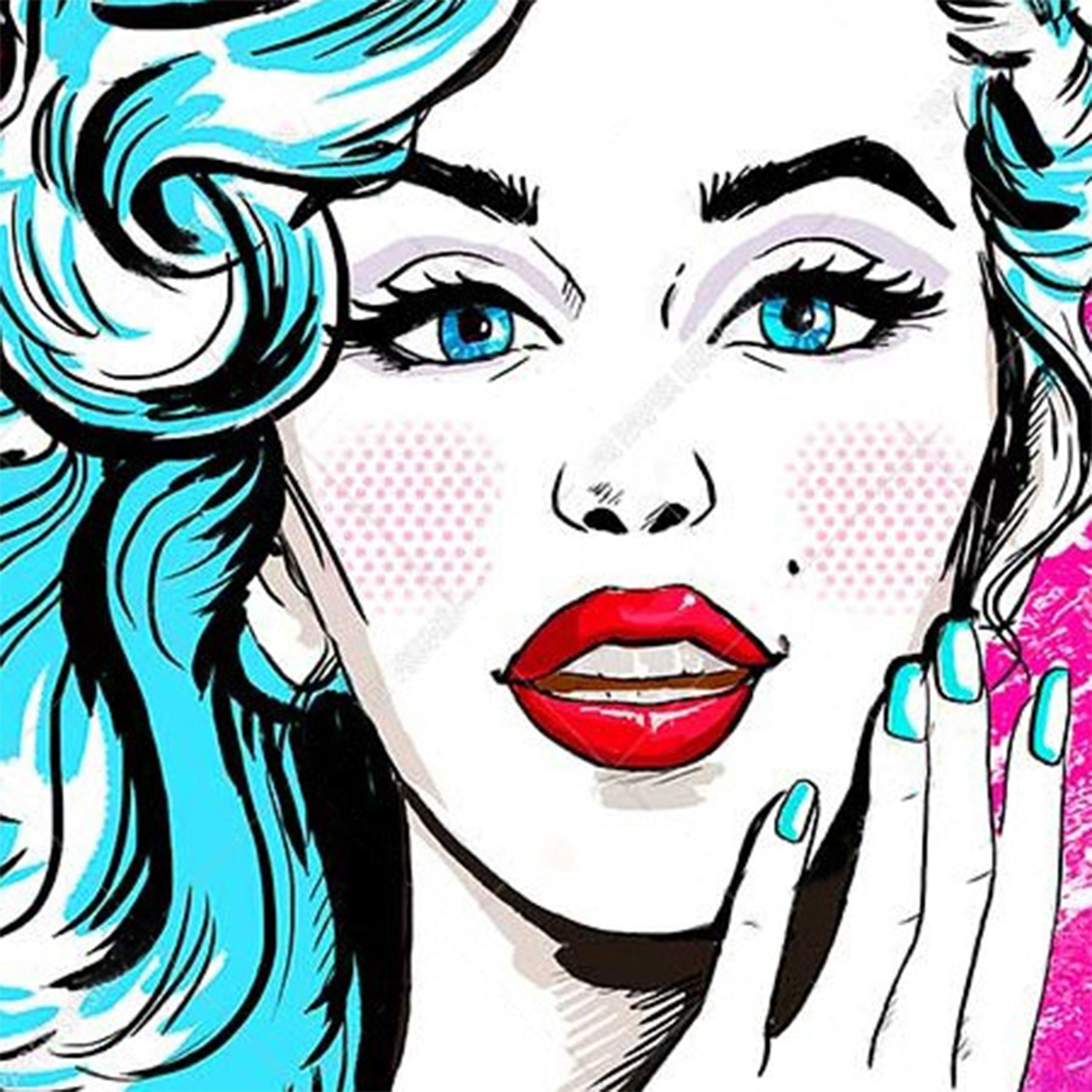 Close-up of a rice paper design featuring a bold pop art woman with aqua hair and bright red lips against a hot pink background.