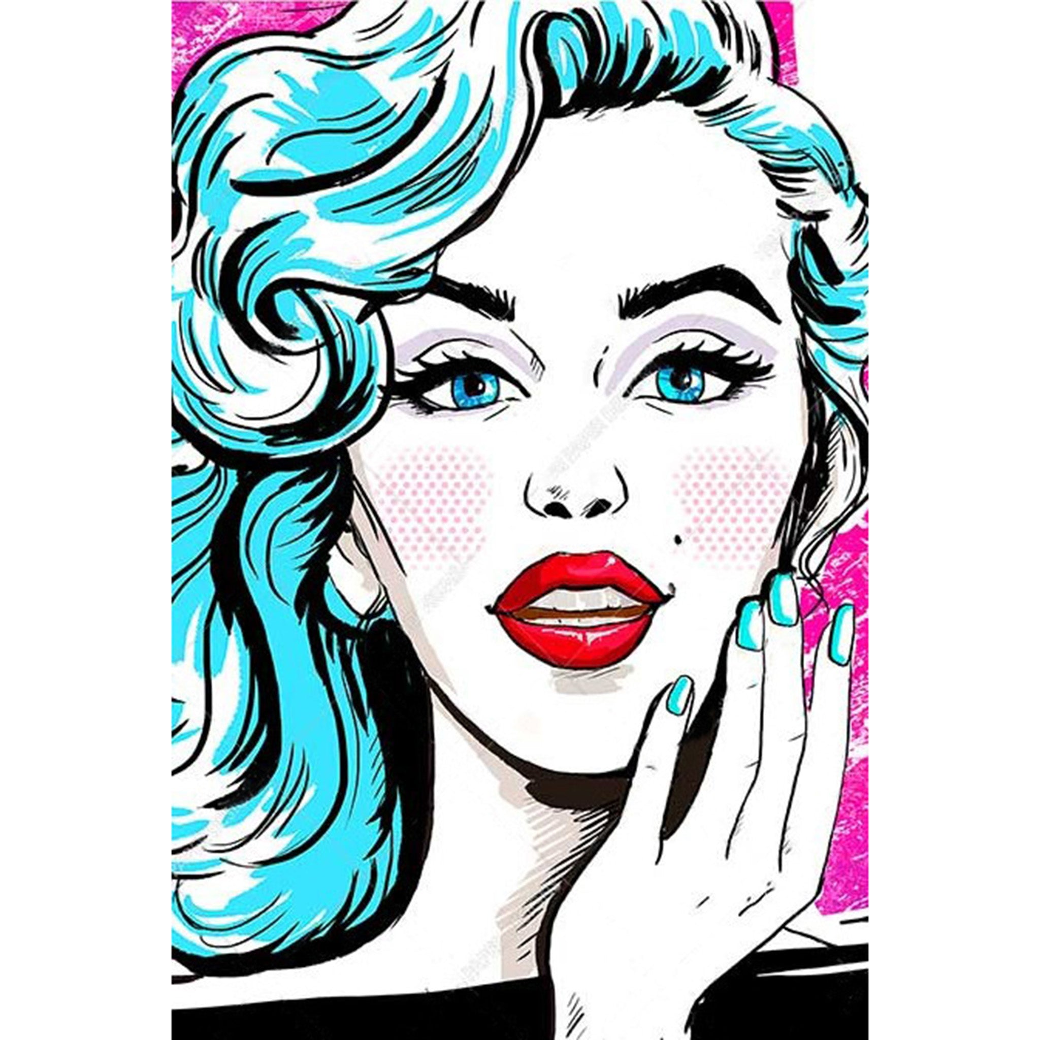 Rice paper design featuring a bold pop art woman with aqua hair and bright red lips against a hot pink background. White borders are on the sides.