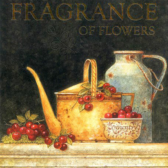 Close-up of a rice paper featuring a vintage poster with a metal teapot and milk jug amongst a bowl of fruit on a cream counter and wording that says "Fragrance of Flowers Provence Flowers".