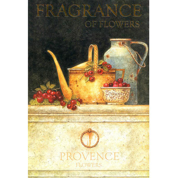 Rice paper featuring a vintage poster with a metal teapot and milk jug amongst a bowl of fruit on a cream counter and wording that says "Fragrance of Flowers Provence Flowers".
