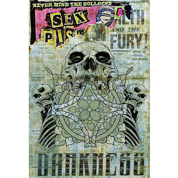 Rice paper featuring a ripped newspaper layered over a bright pink Sex Pistols band flyer with a striking skull design and the word Darkness under it.